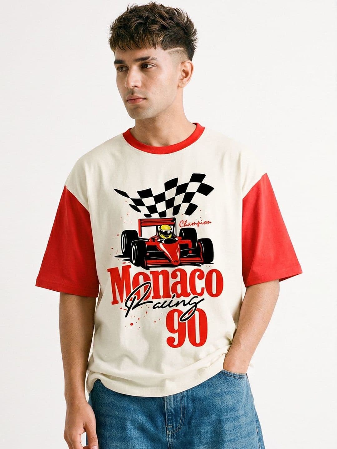 Crazymonk Monaco Racing Graphic Cotton Round Neck Short Sleeves Oversized T-shirt - view 1