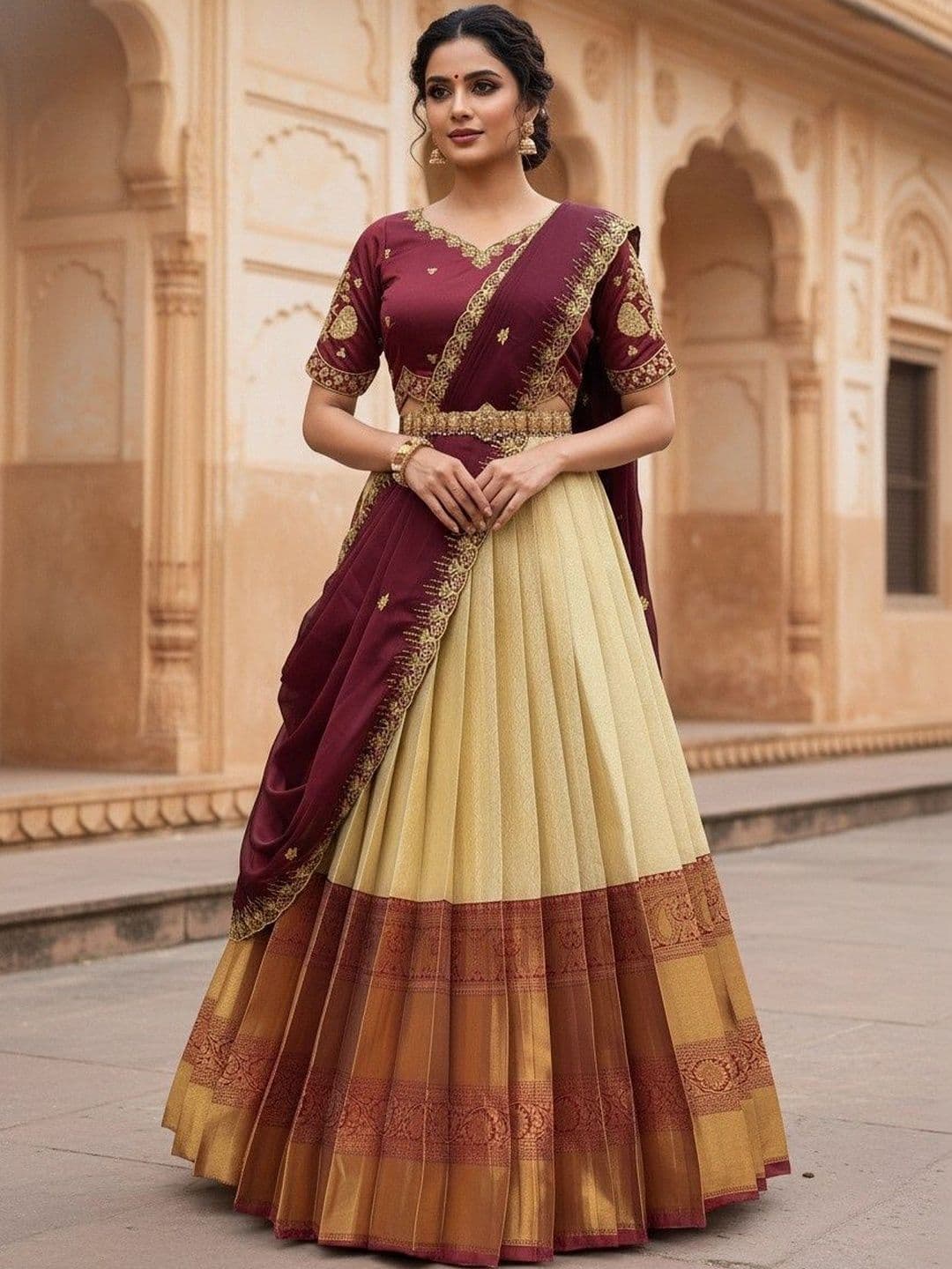 Pink Bindi Embroidered Sequinned Unstitched Lehenga & Blouse With Dupatta - view 1