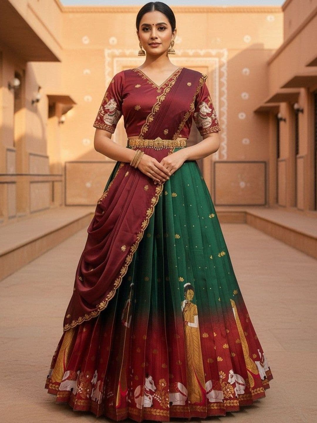 Pink Bindi Embroidered Unstitched Lehenga & Blouse With Dupatta - view 1