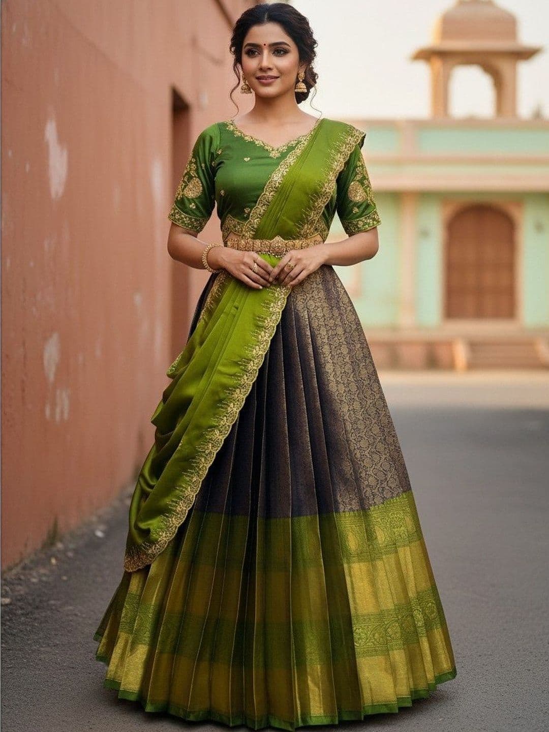 Pink Bindi Embroidered Sequinned Unstitched Lehenga & Blouse With Dupatta - view 1