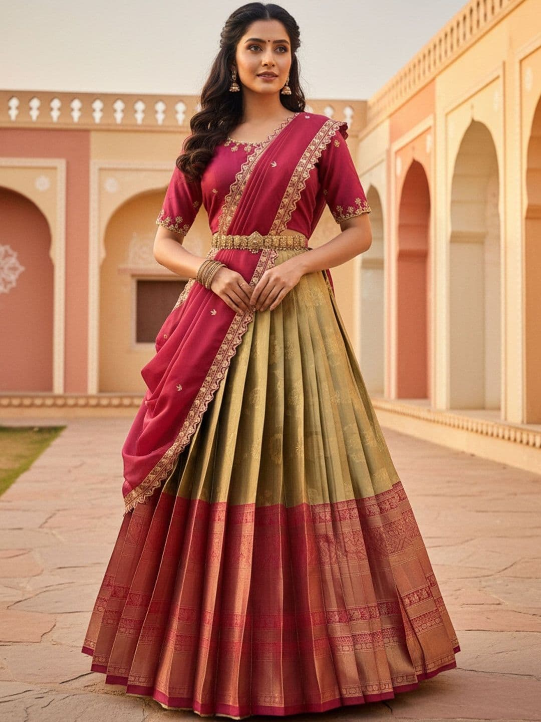 Pink Bindi Embroidered Unstitched Lehenga & Blouse With Dupatta - view 1