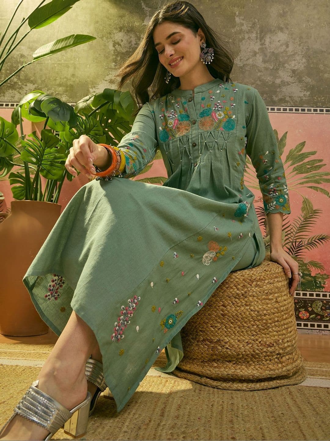 Sangria Embroidered Mandarin Collar Kurta & Trousers - view 1