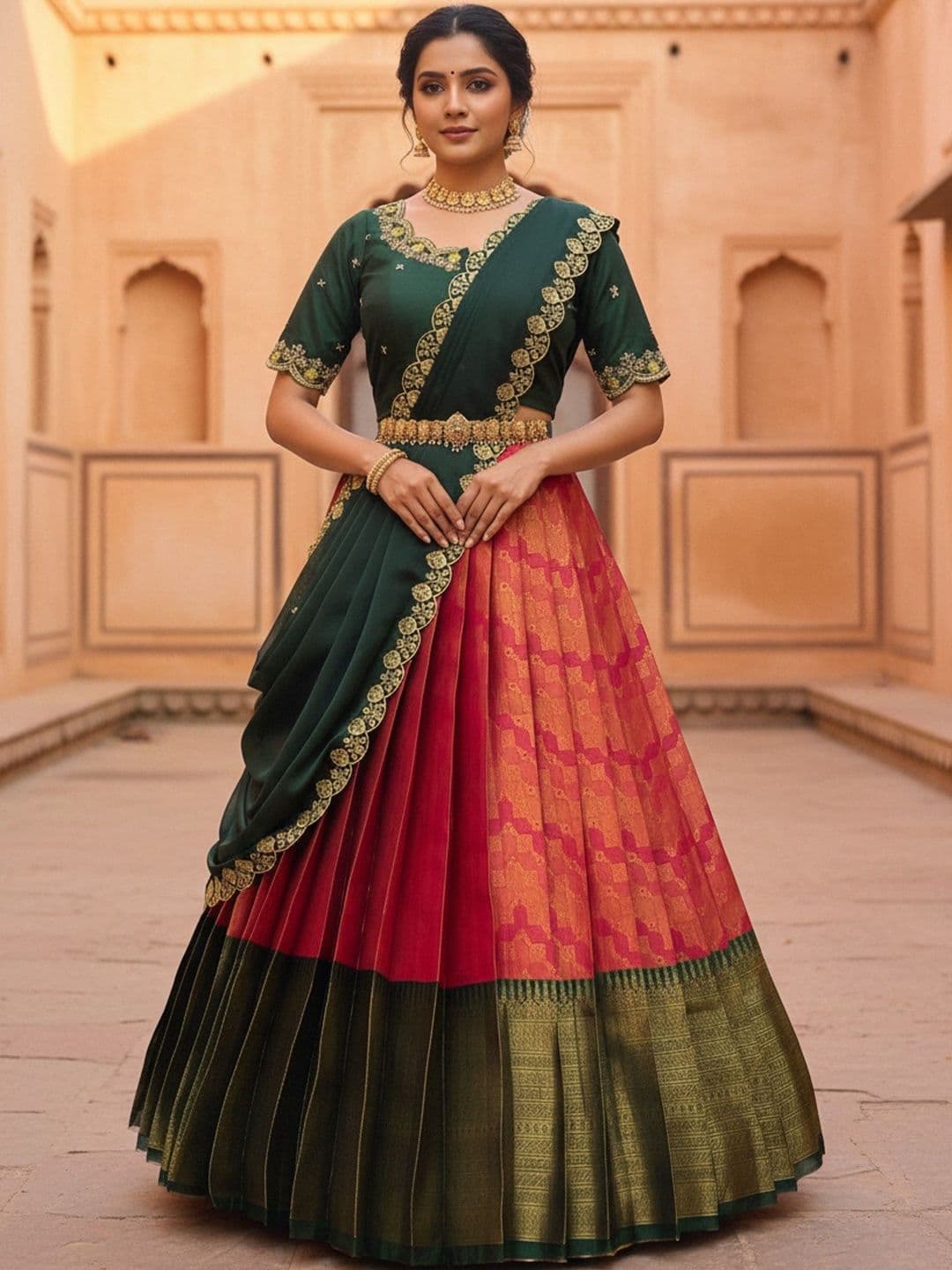 Pink Bindi Embroidered Unstitched Lehenga & Blouse With Dupatta - view 1