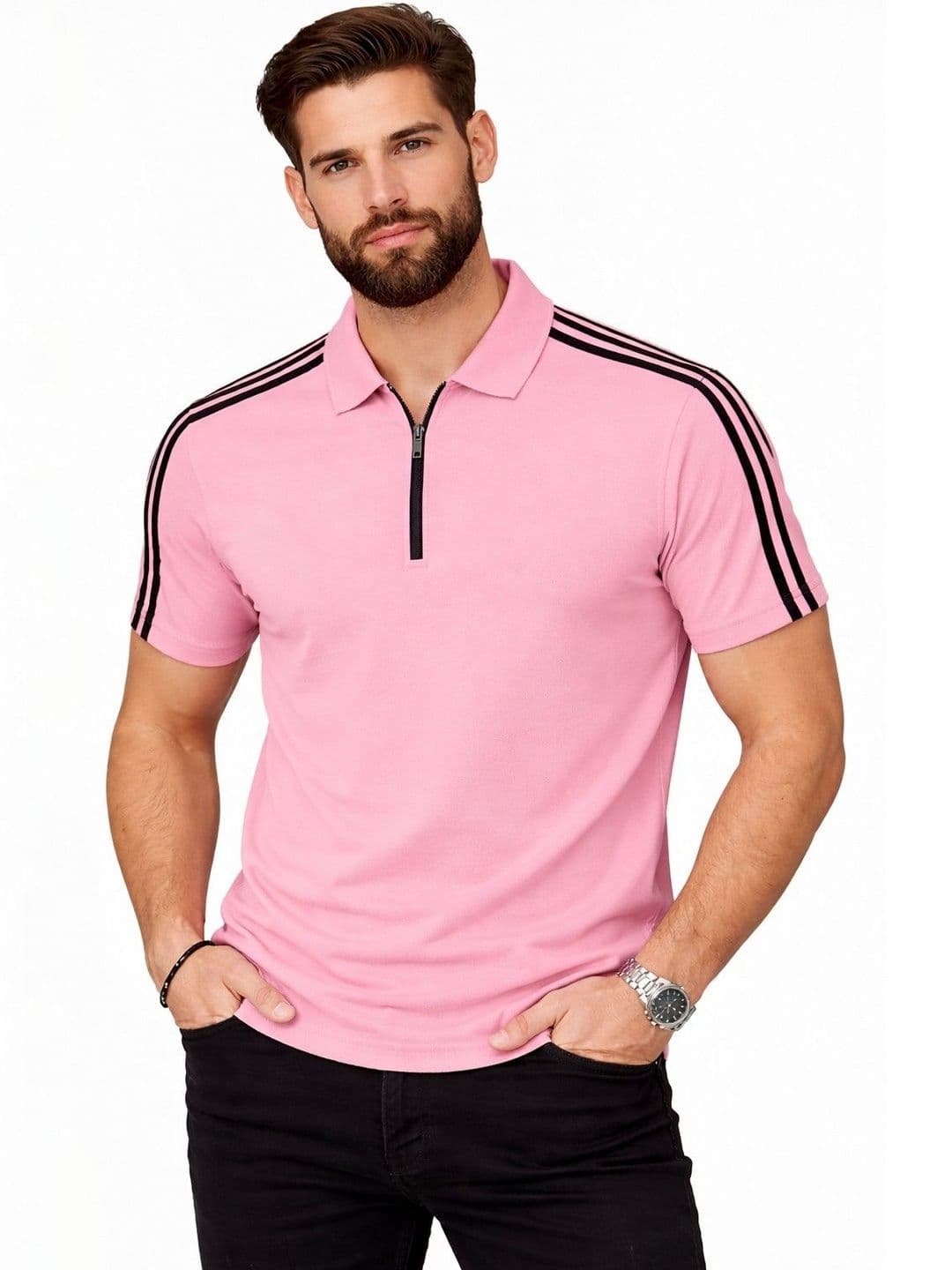 Organic Chics Men Striped Polo Collar Dri-FIT Slim Fit T-shirt - view 1