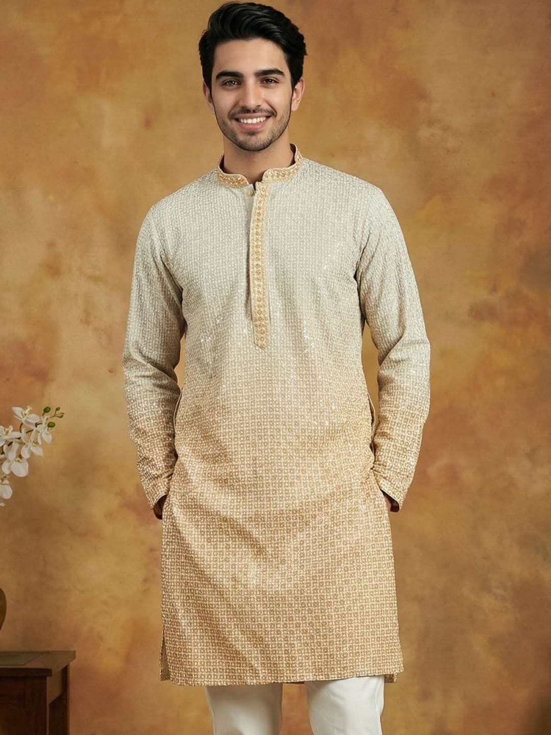 Jompers Men Geometric Embroidered Sequinned Kurta - view 1