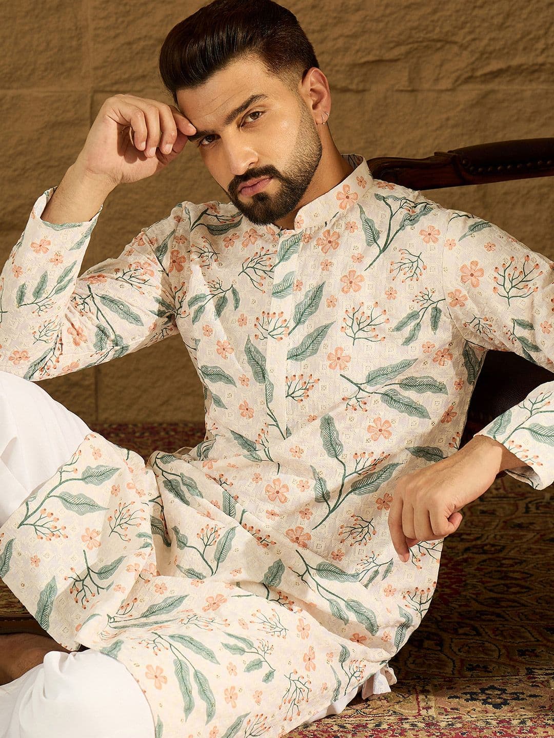 Ethnic Bay Chikankari Printed Mandarin Collar Knee Length Straight Kurta - view 1