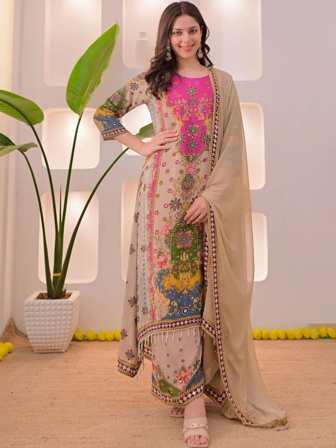 HBJ FASHION Women Ethnic Motifs Printed Regular Mirror Work Kurta with Palazzos & With Dupatta - view 1