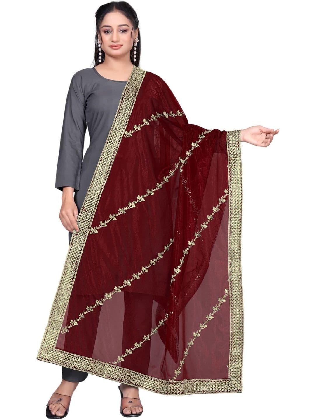 SEKMANY Embroidered Organza Leheriya Dupatta with Thread Work - view 1
