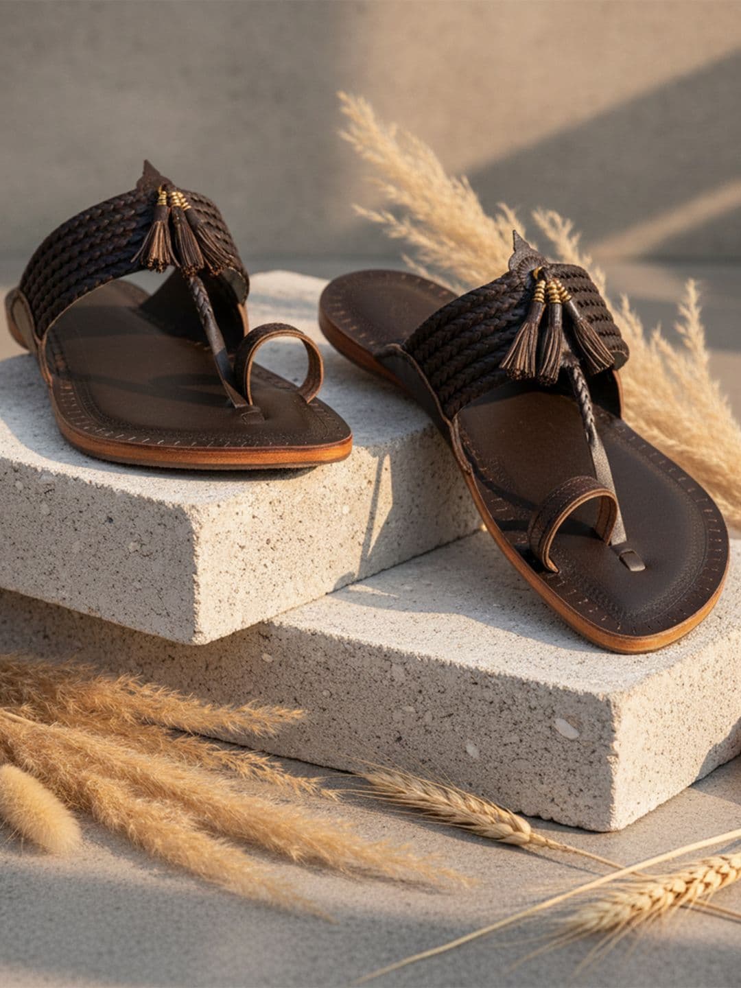 KORAKARI Men Braided Tassel Ethnic Leather Kolhapuri Sandals - view 1