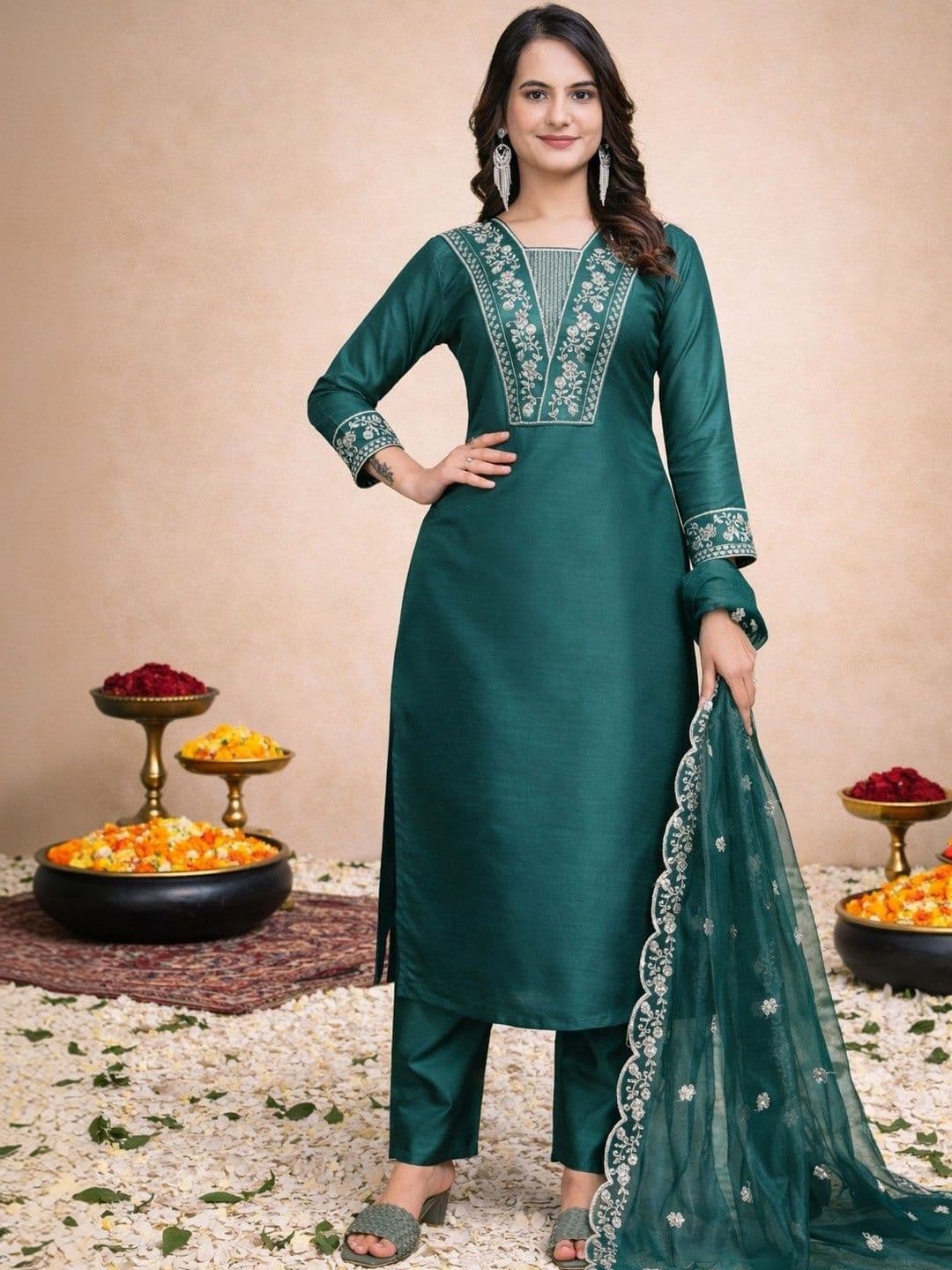 Klotden Women Ethnic Motifs Embroidered Regular Thread Work Kurta with Trousers & With Dupatta - view 1
