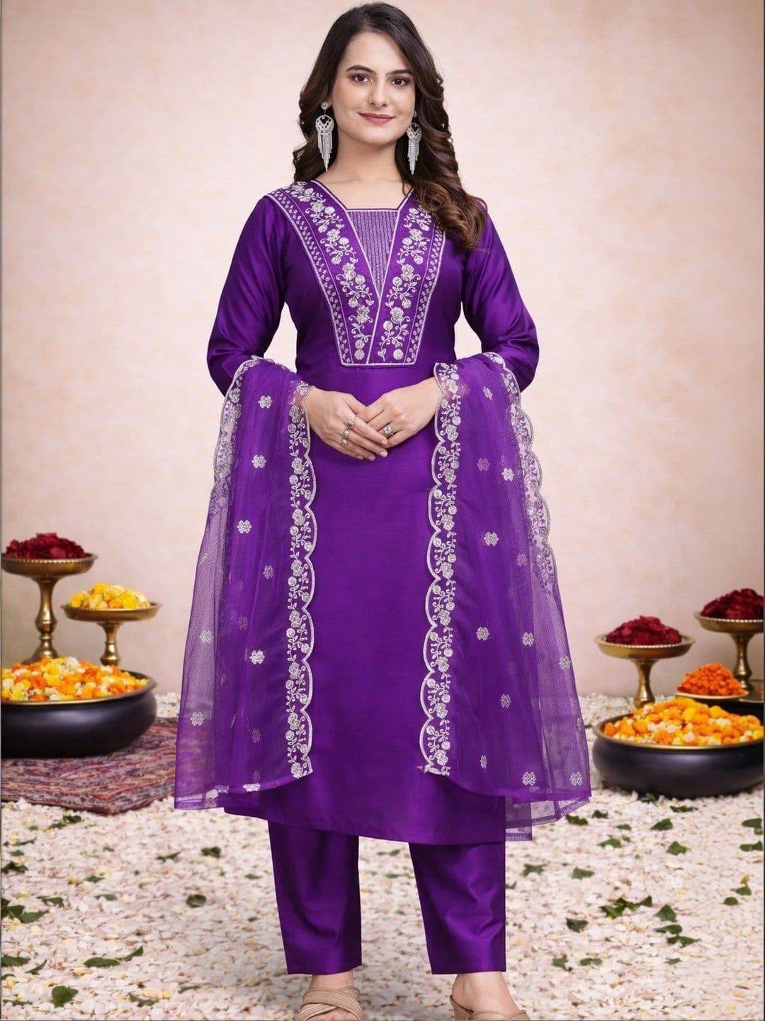 Klotden Women Ethnic Motifs Embroidered Regular Thread Work Kurta with Trousers & With Dupatta - view 1