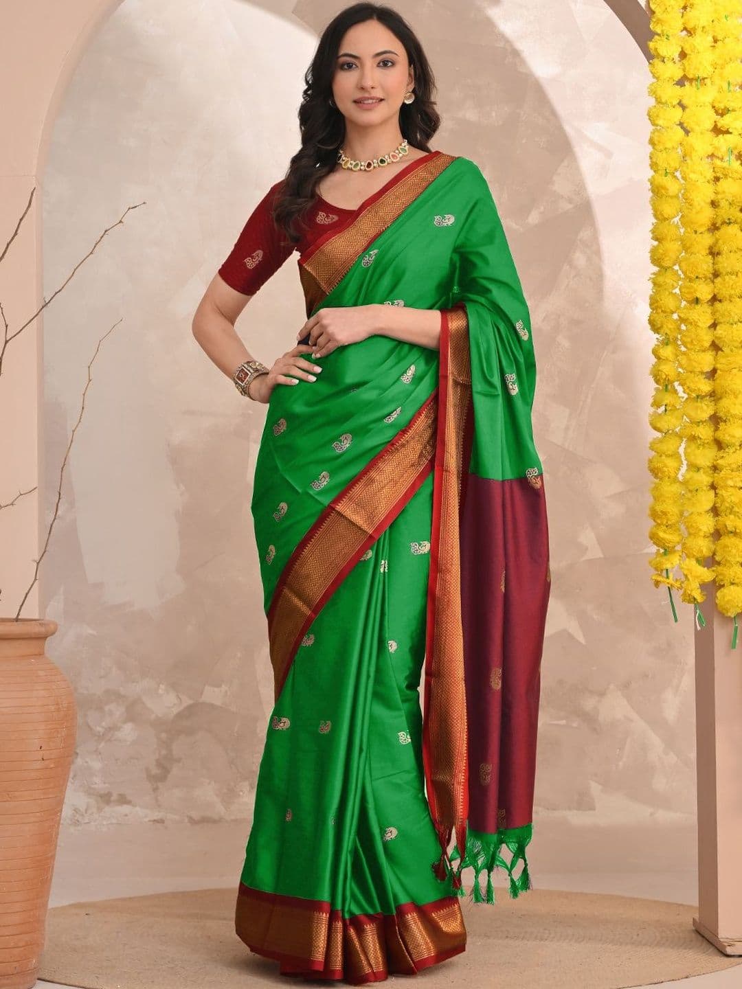 HERE&NOW Ethnic Motifs Zari Silk Cotton Paithani Saree - view 1
