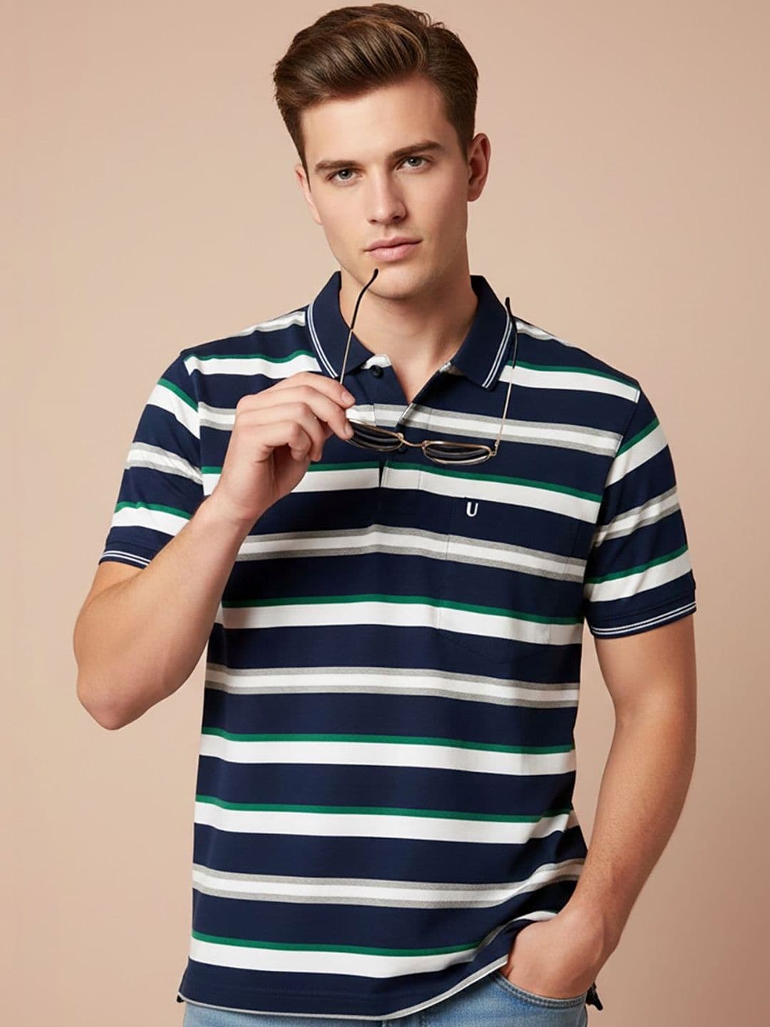 UNIBERRY JEANS Men Striped Polo Collar Pockets T-shirt - view 1