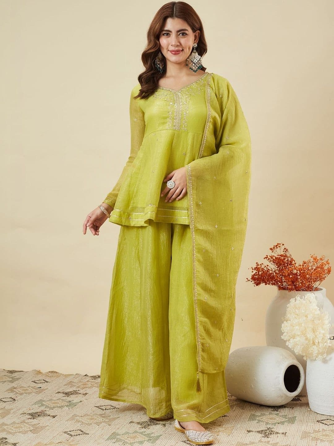 MOKOSH Women Silk Embroidered Kurta And Sharara Set With Dupatta - view 1