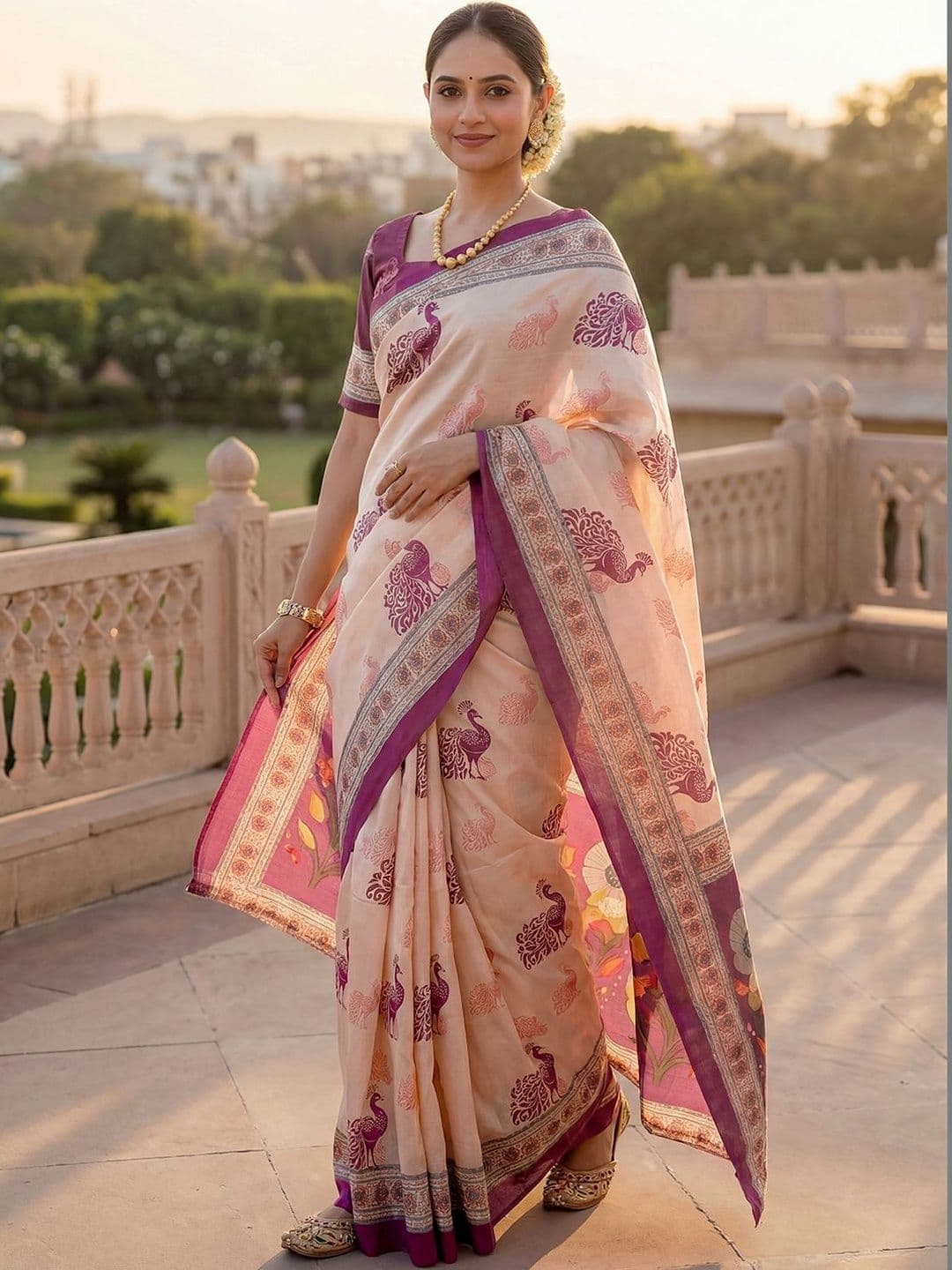 Satrani Ethnic Motifs Printed Saree with Blouse - view 1