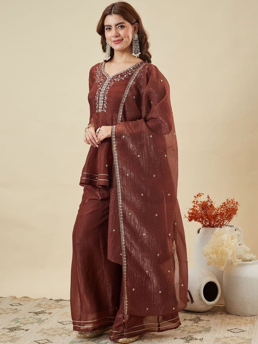 MOKOSH Women Silk Embroidered Kurta And Sharara Set With Dupatta - view 1
