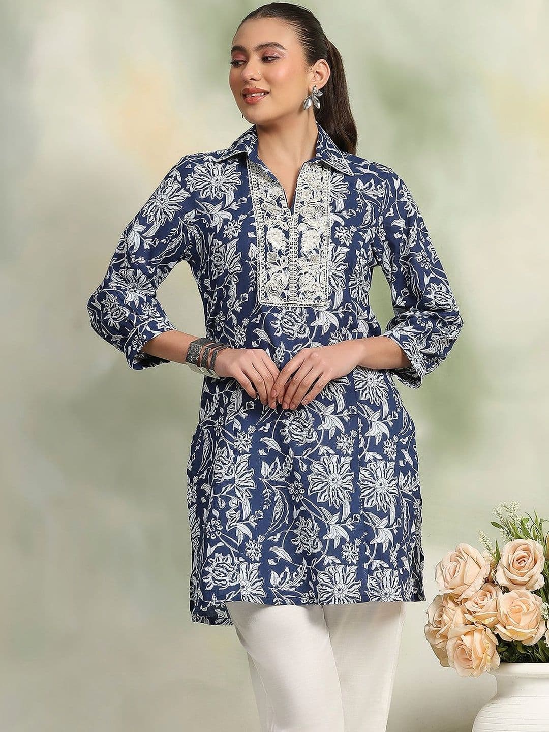 Nayam By Lakshita Floral Printed Shirt Collar Thread Work Thread Work Kurti - view 1