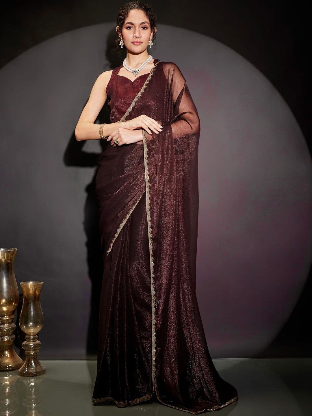Janasya Burgundy Silk Blend Ready To Wear Embellished Shimmer Saree with Unstitched Blouse - view 1