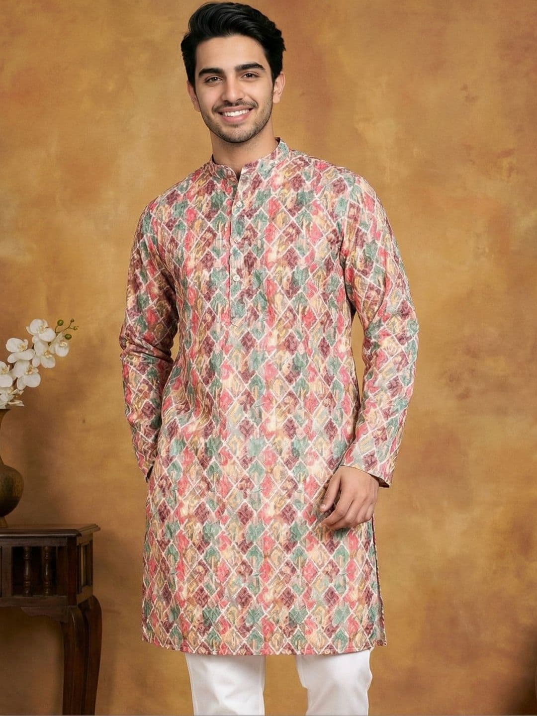 Jompers Men Geometric Printed Chikankari Kurta - view 1