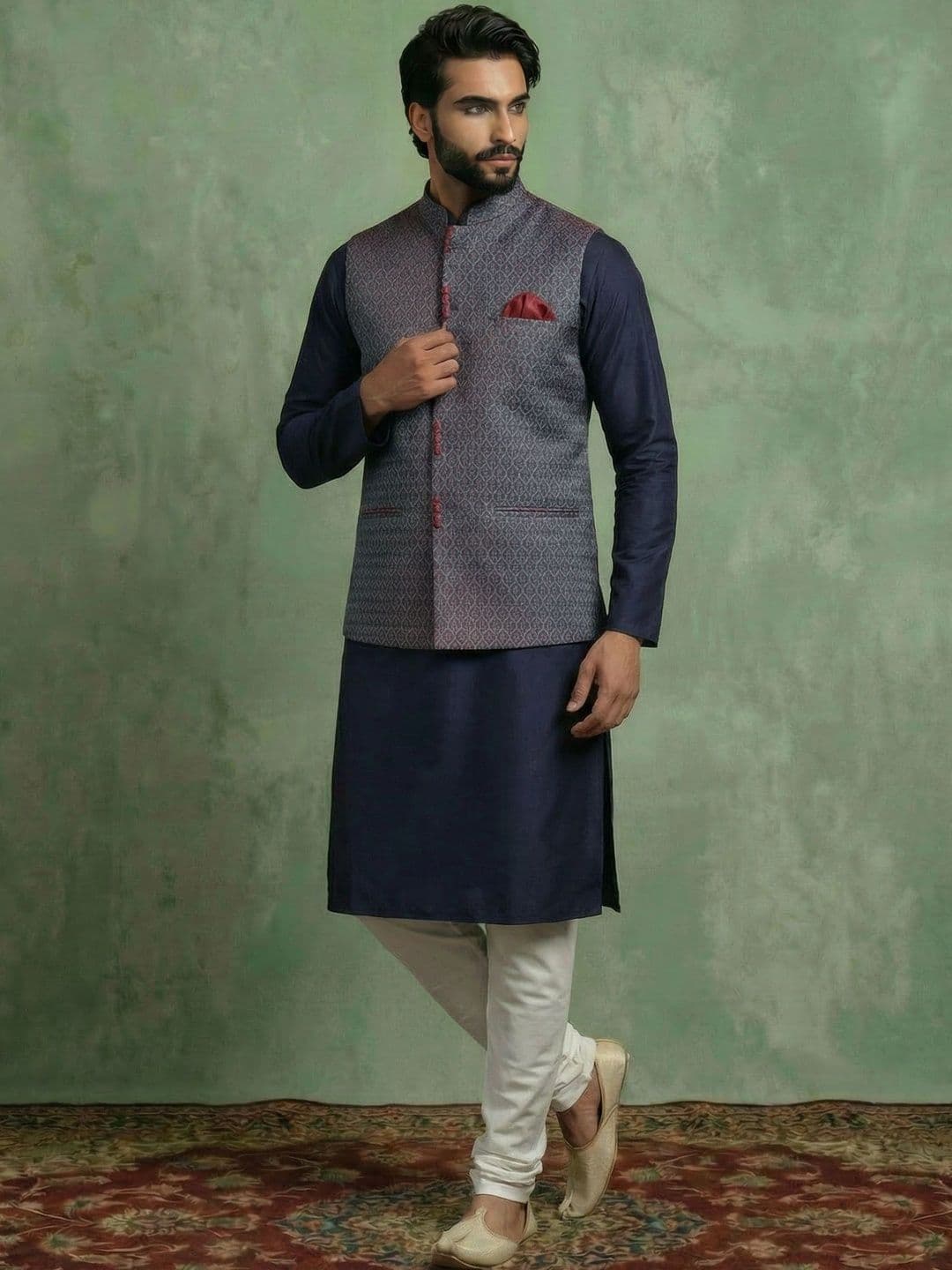KISAH Men Maroon Mandarin Collar Woven Design Jacket - view 1