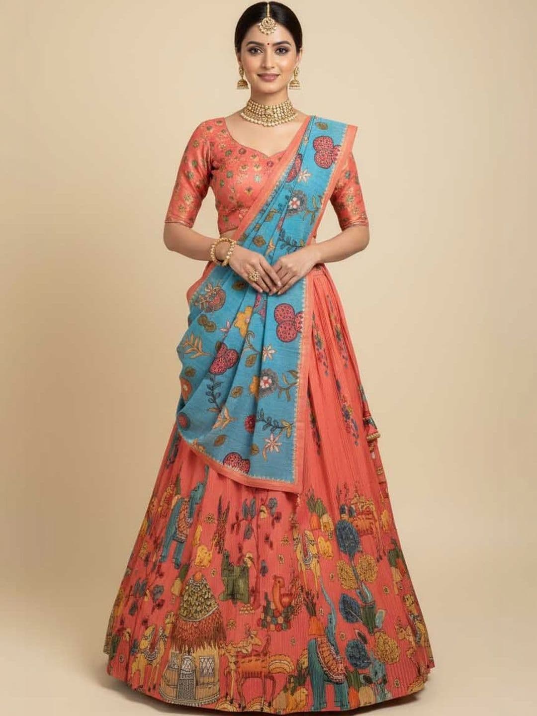 SAPTRANGI Printed Semi-Stitched Lehenga & Blouse With Dupatta - view 1