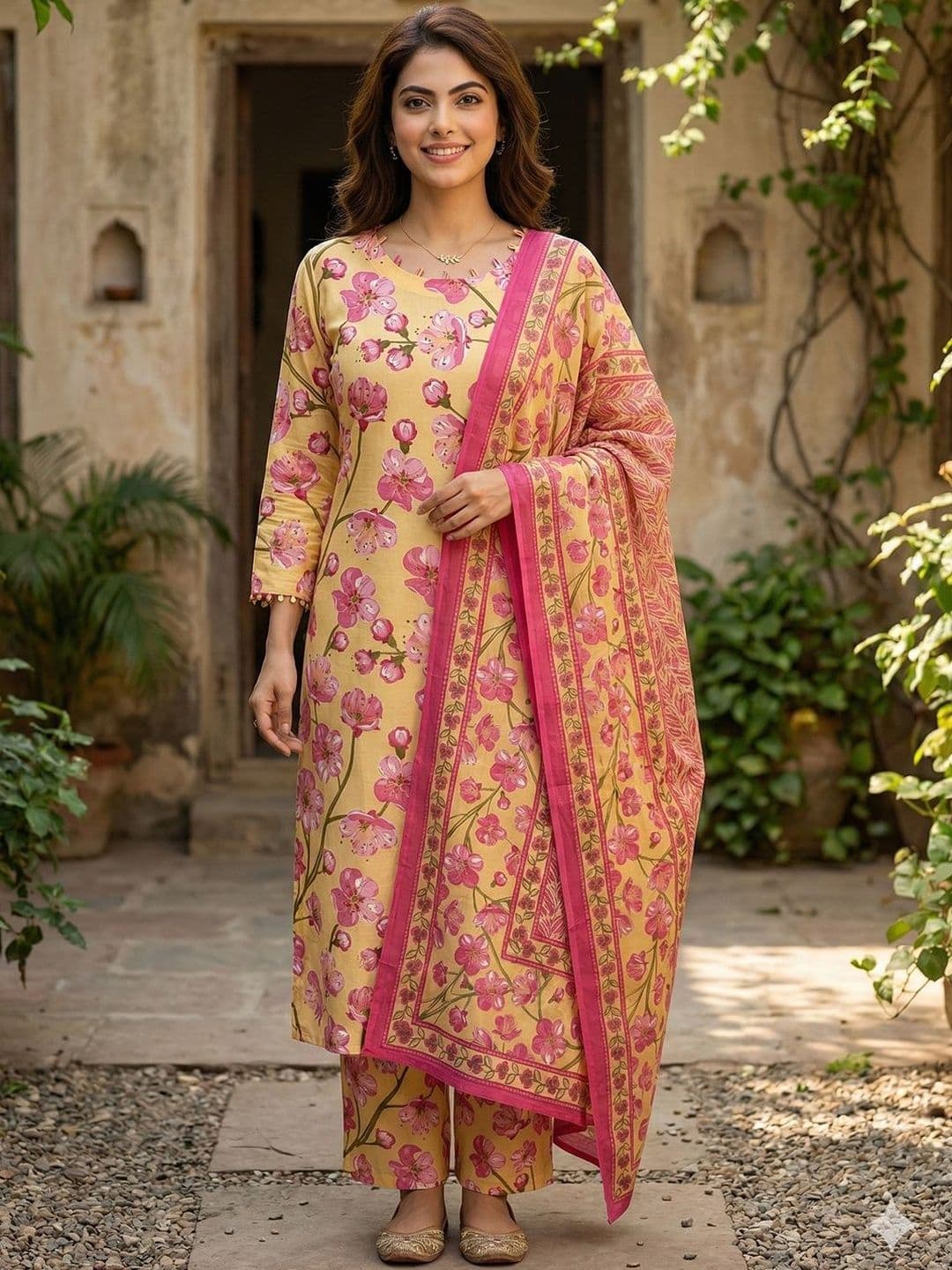 Anouk Women Floral Printed Regular Pure Cotton Kurta with Trousers & With Dupatta - view 1