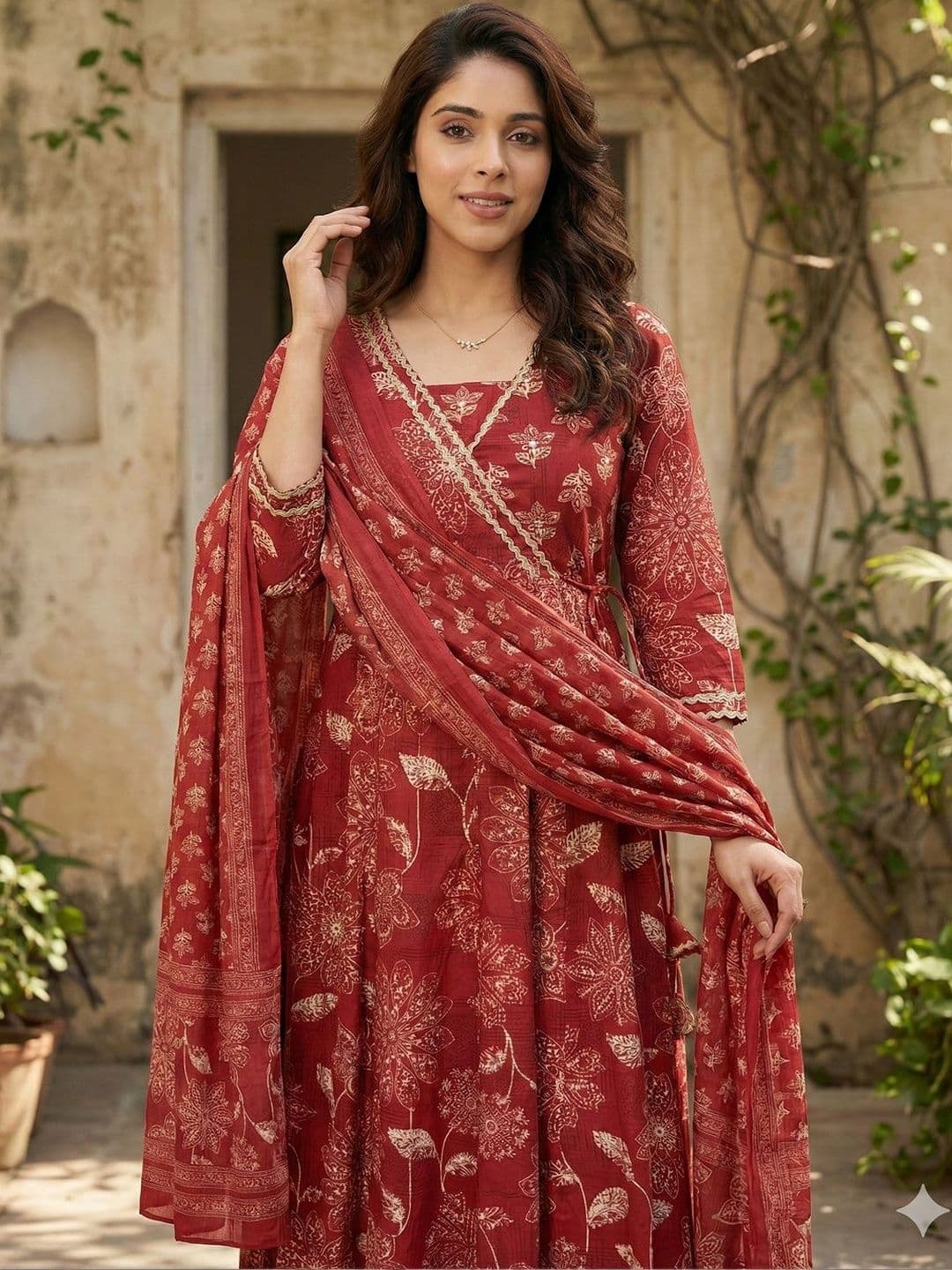 Anouk Women Floral Printed Angrakha Gotta Patti Pure Cotton Kurta with Trousers & With Dupatta - view 1