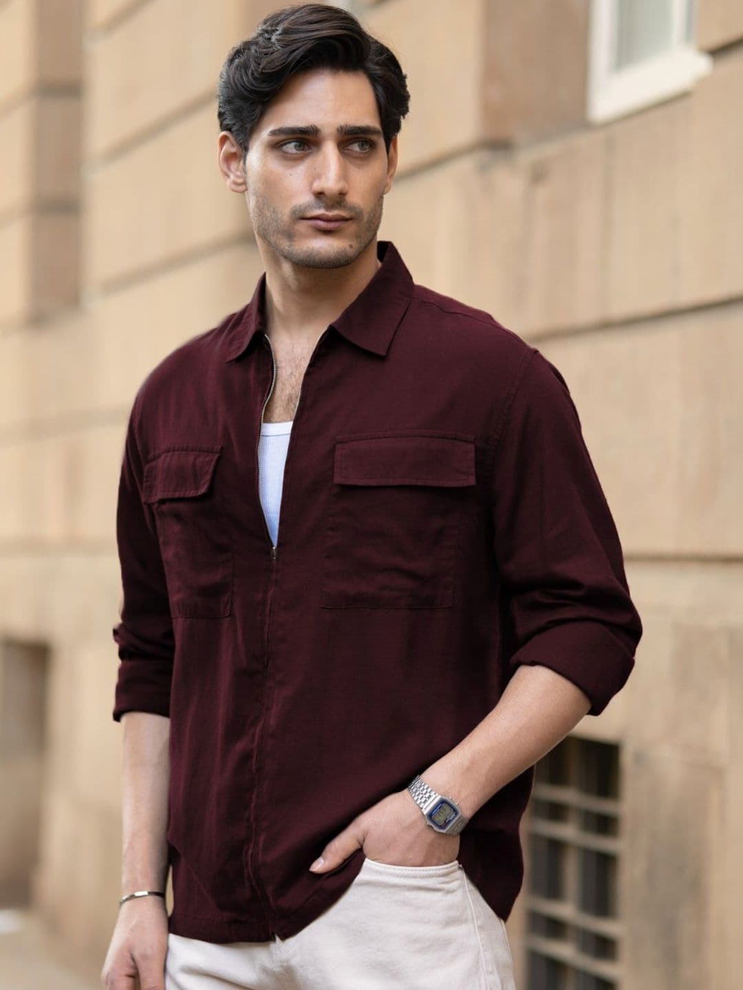 Powerlook Wine Linen Blend Zipper Shirt - view 1