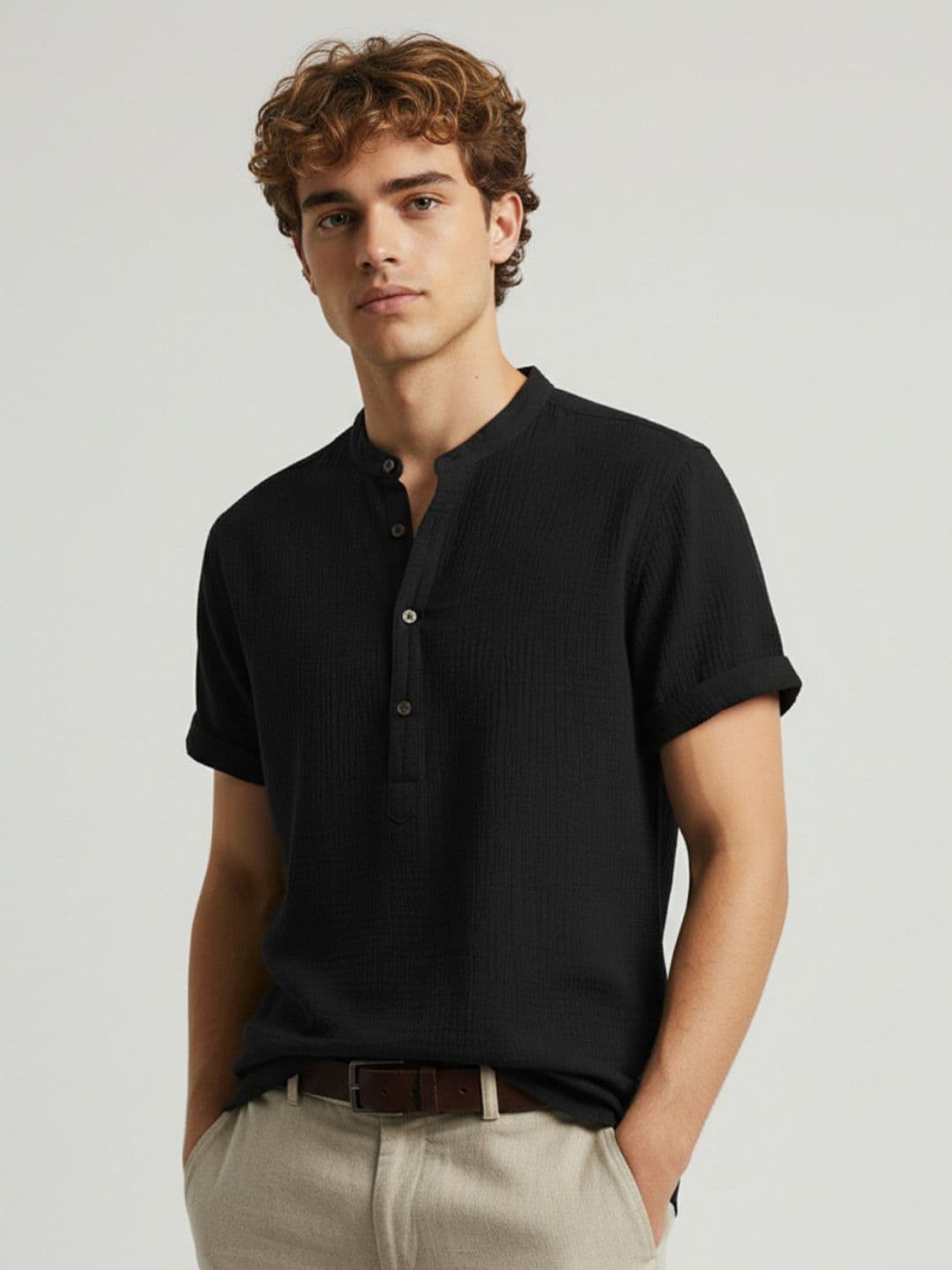 LERIYA FASHION Men Mandarin Collar Roll-Up Sleeves Organic Cotton T-shirt - view 1