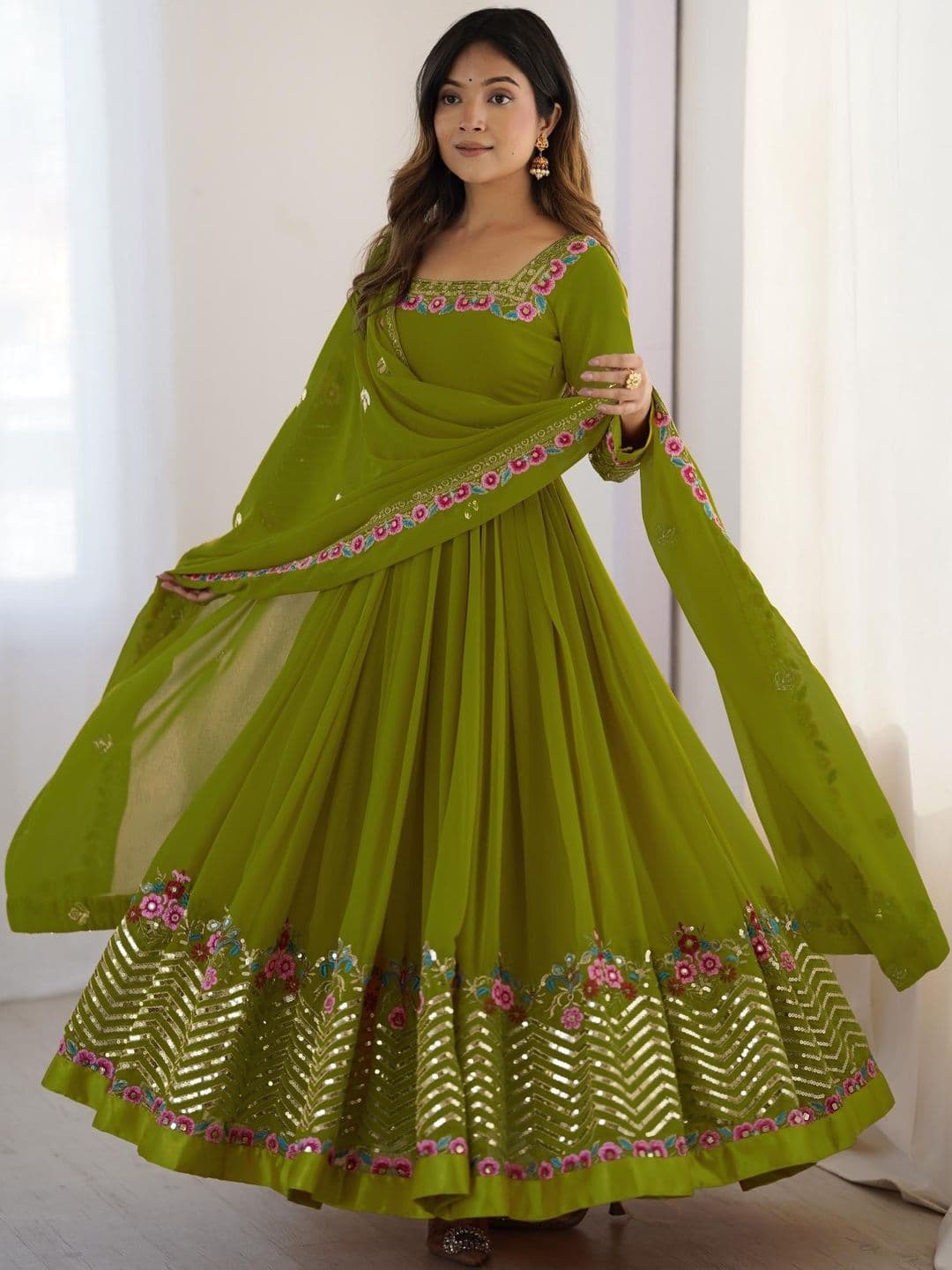 GLOSIA DESIGN Women Floral Embroidered Panelled Sequinned Kurta with Trousers & With Dupatta - view 1