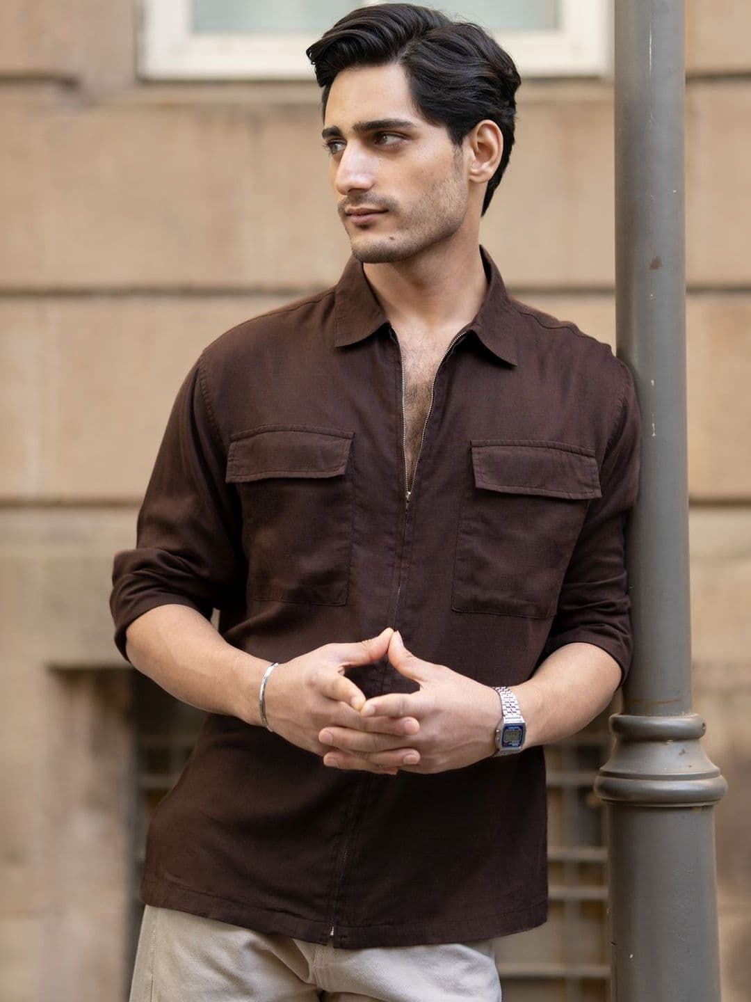 Powerlook Coffee Linen Lyocell Long Sleeves Shirt - view 1