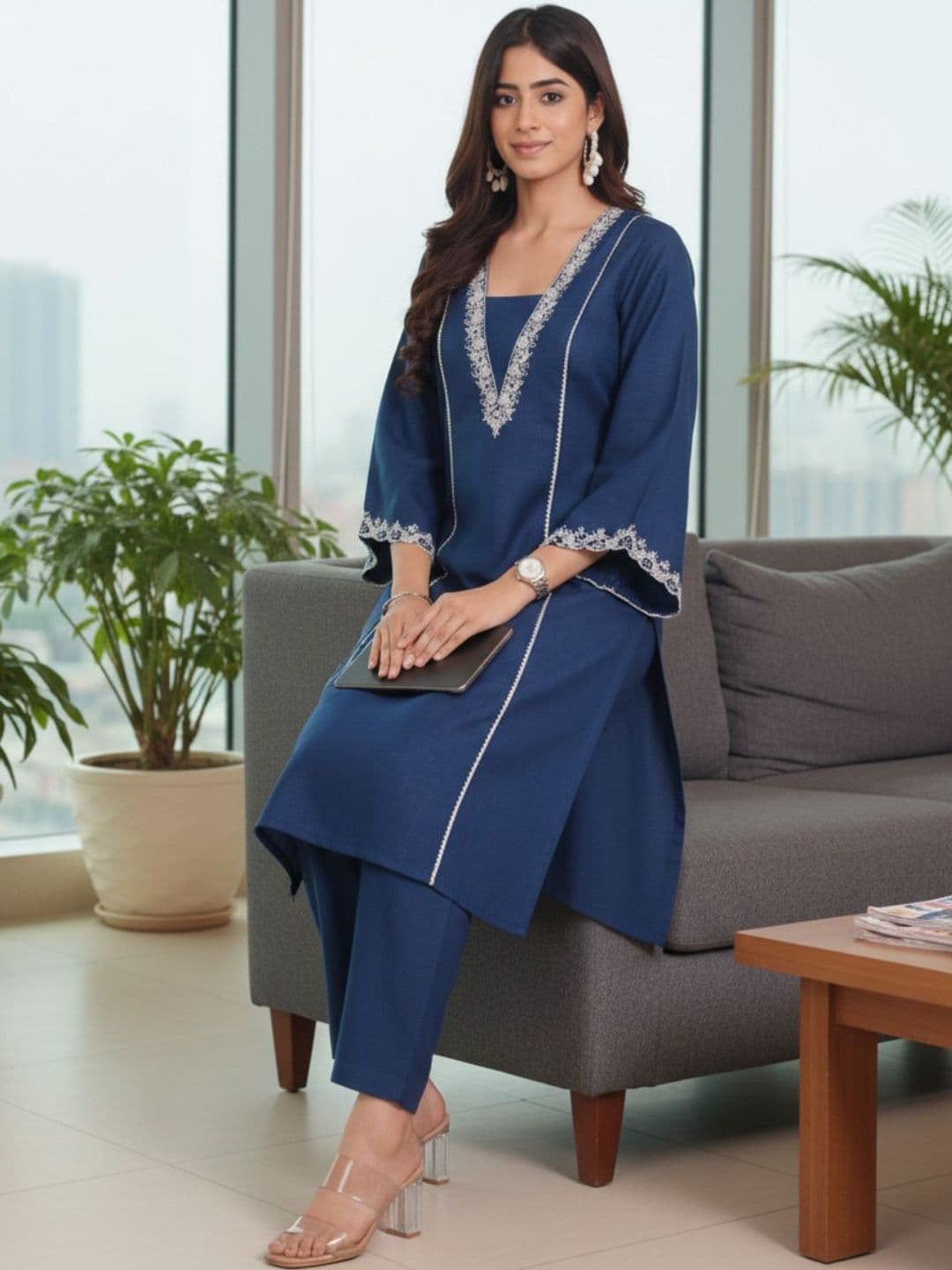 Varanga Women Ethnic Motifs Embroidered Regular Thread Work Kurta with Trousers - view 1