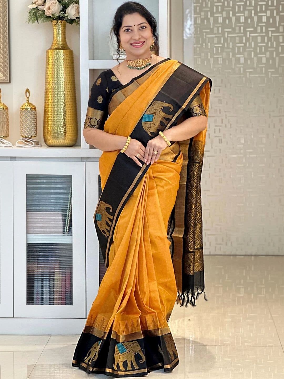 BLACK ROSSY Ethnic Motifs Zari Silk Blend Handloom Saree - view 1