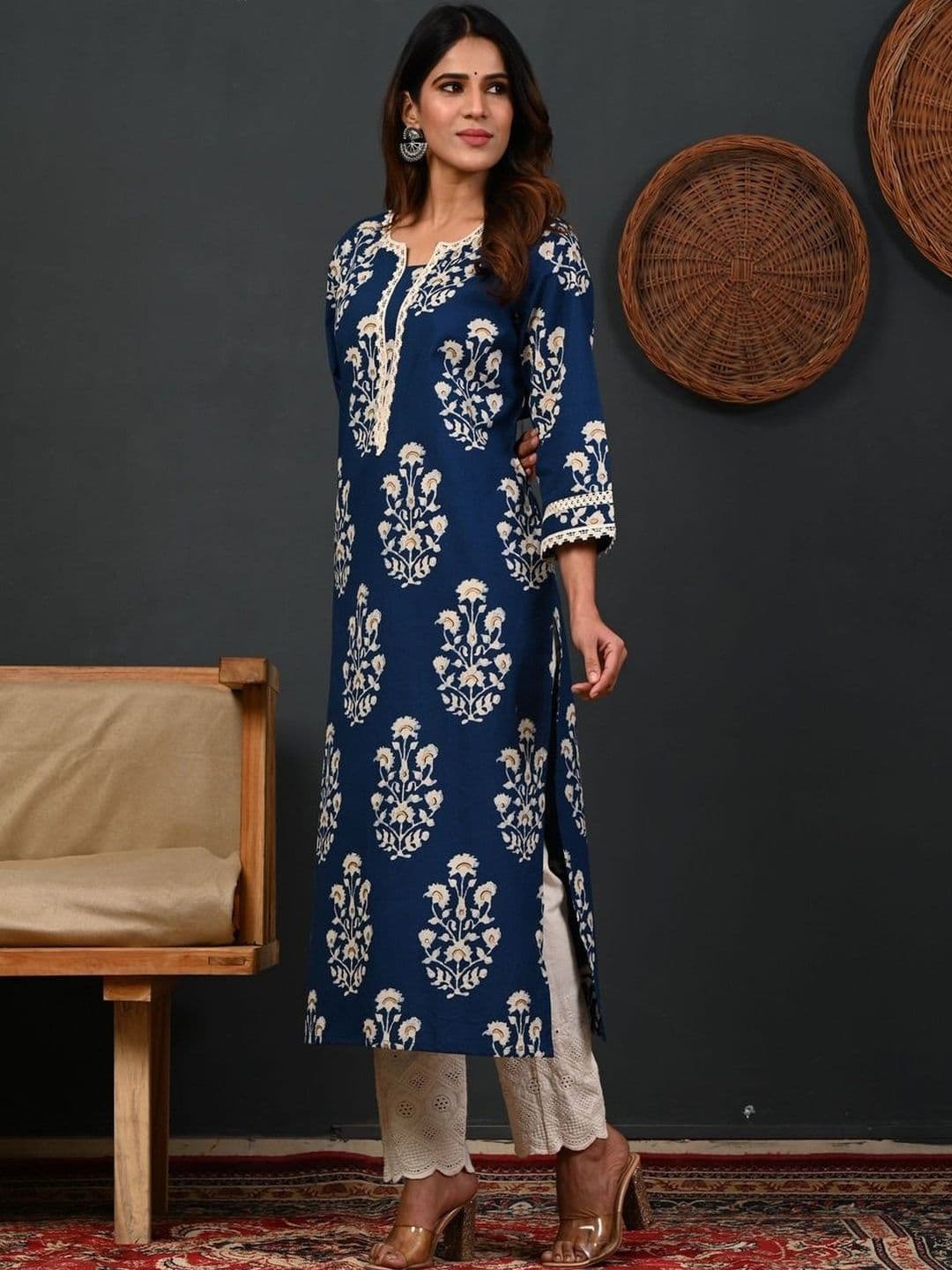 lavandis Floral Printed Boat Neck Pure Cotton Blend Kurti - view 1