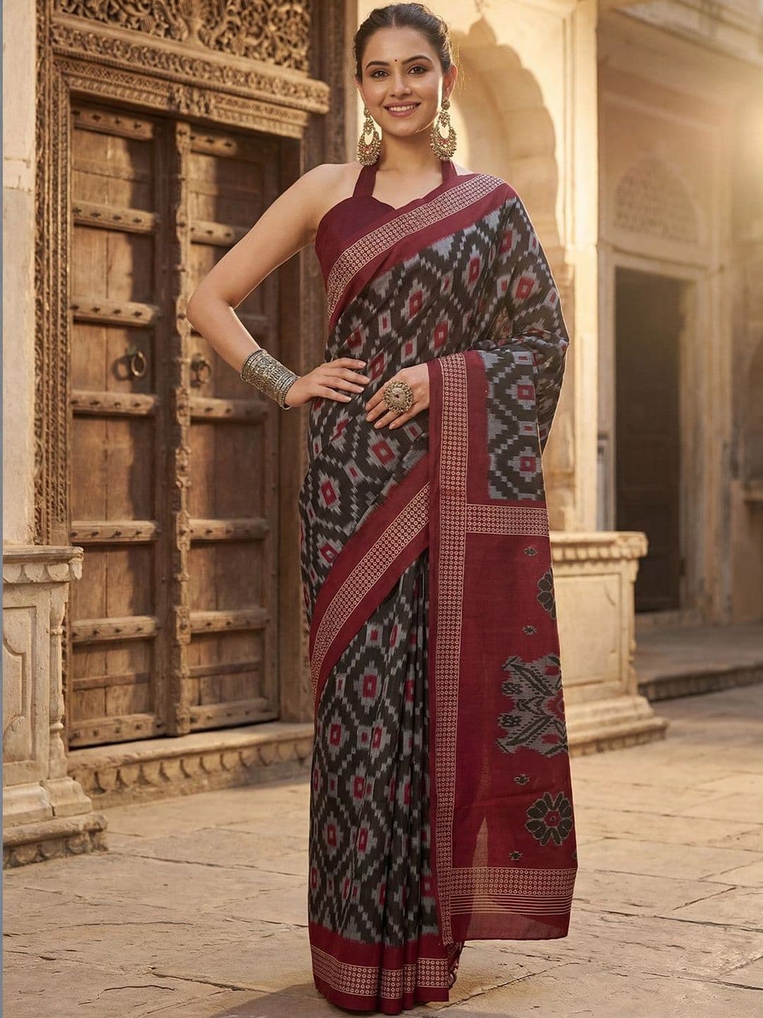 Saree mall Ethnic Motifs Zari Silk Blend Ikat Ready to Wear Sarees - view 1