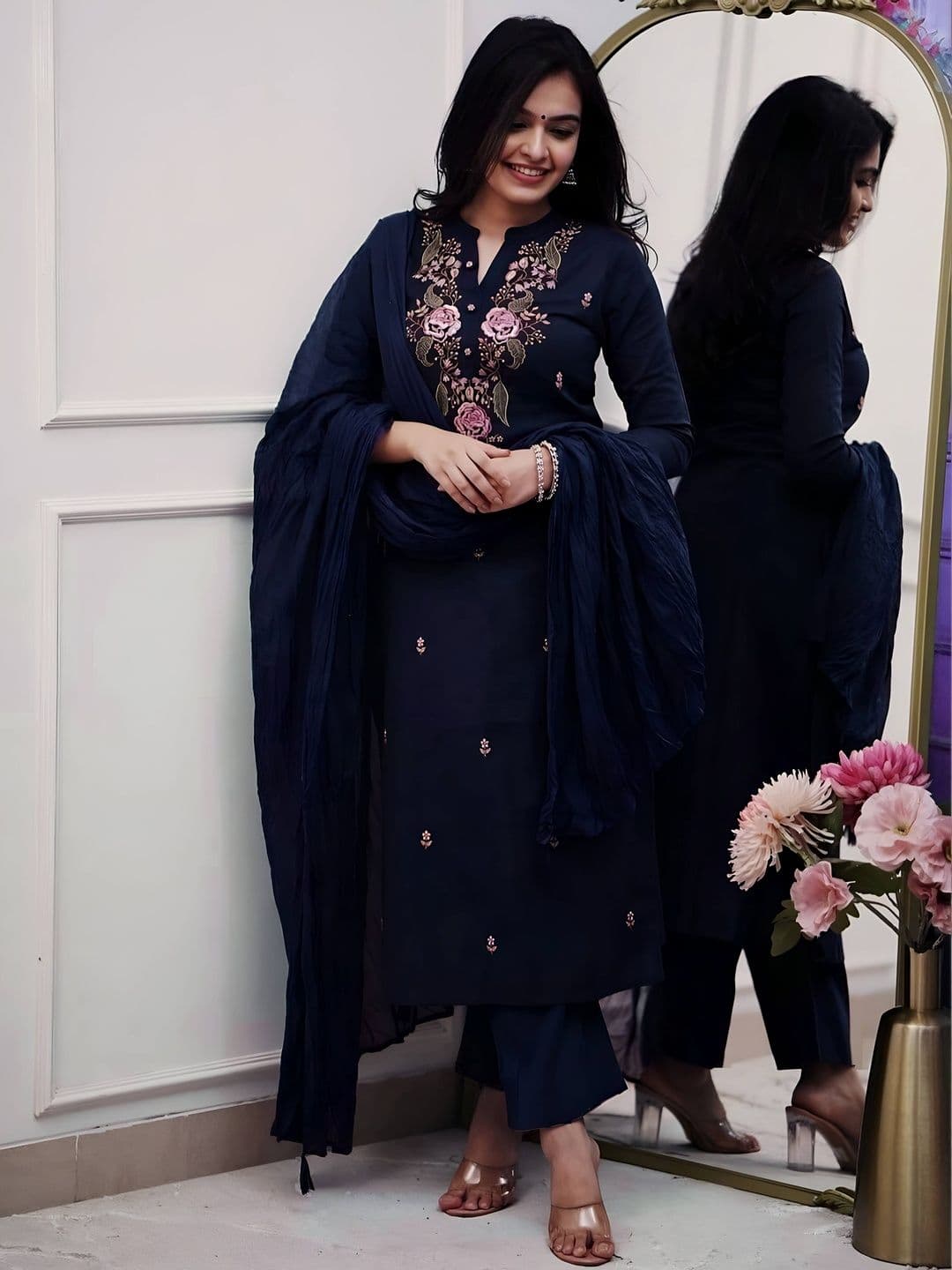 KRYSAL Women Floral Embroidered Regular Thread Work Kurta with Trousers & With Dupatta - view 1