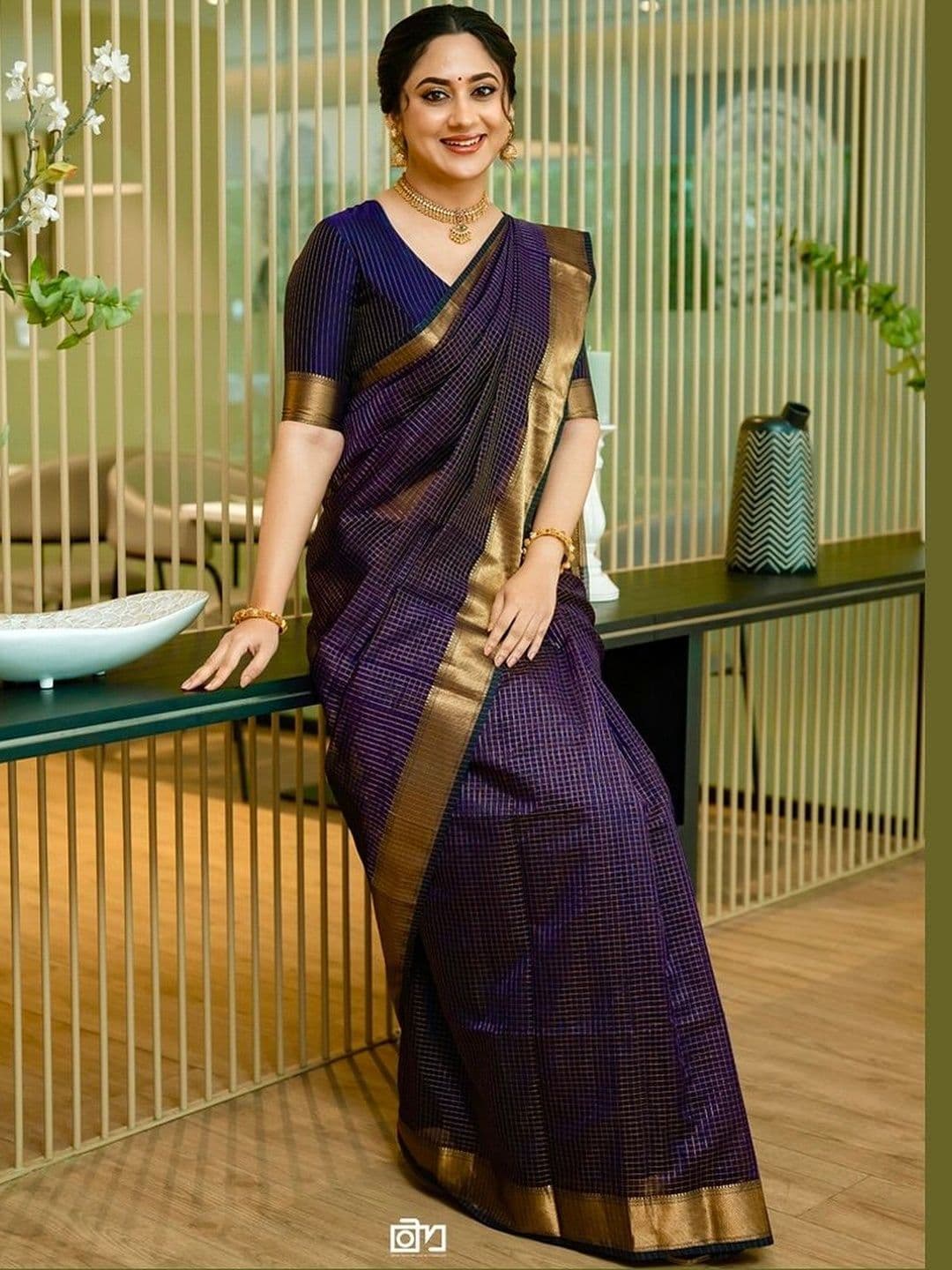 BLACK ROSSY Checked Silk Blend Saree - view 1