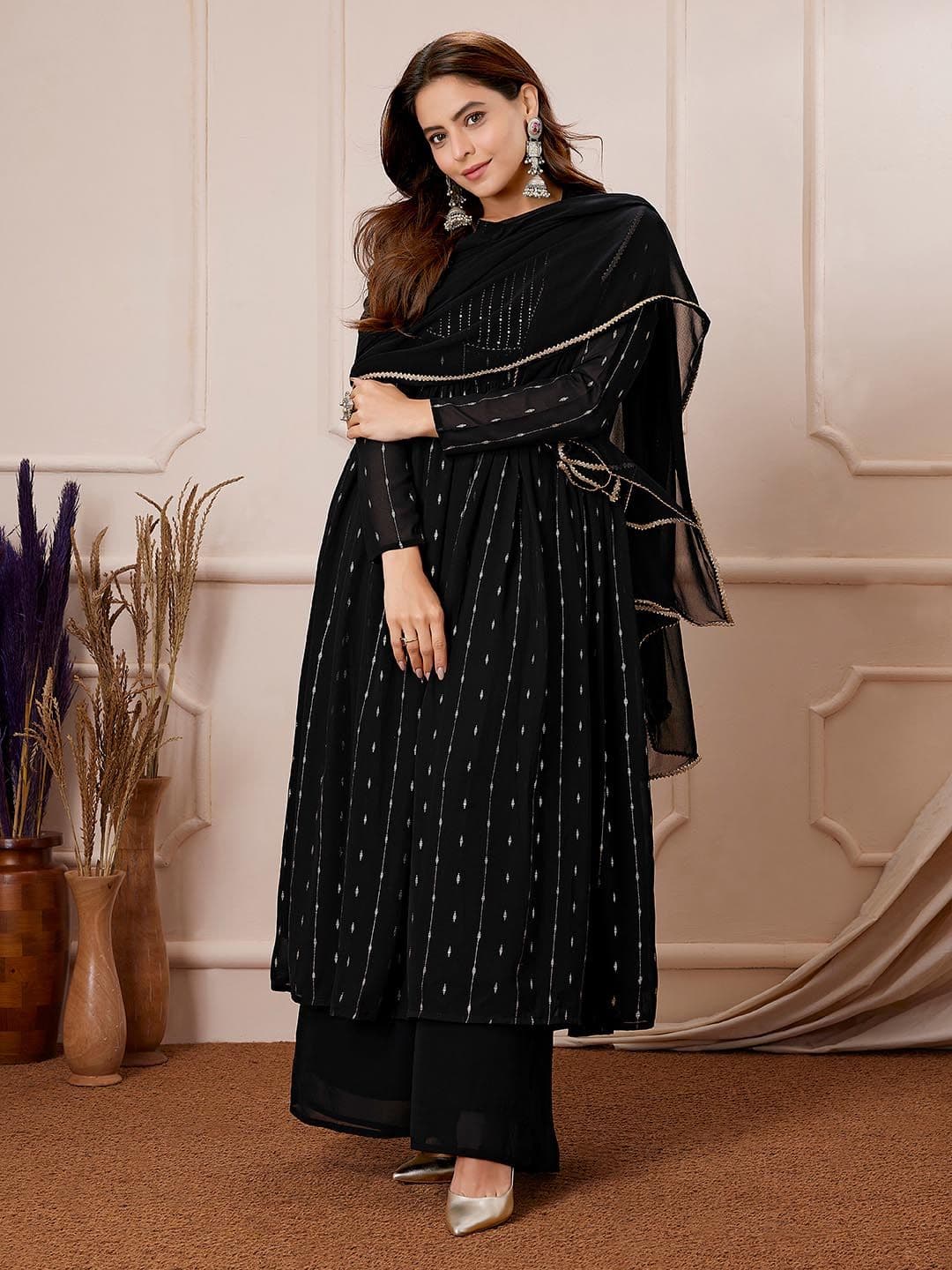 Janasya Women's Black Georgette Foil Printed Anarkali Kurta With Palazzo Set - view 1