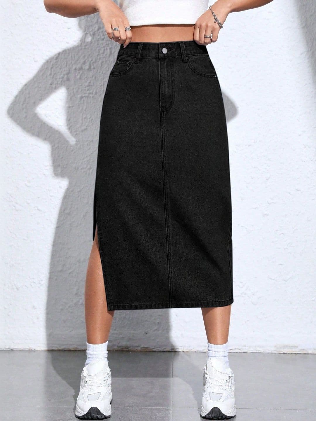 MULVARI Women Denim Side Slit Midi Straight Skirt - view 1