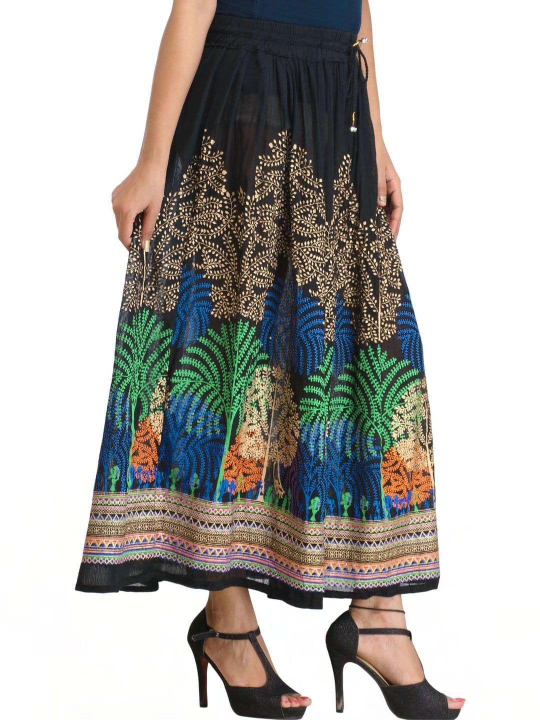 Exotic India Rayon Black Long Skirt With Printed Trees - view 1