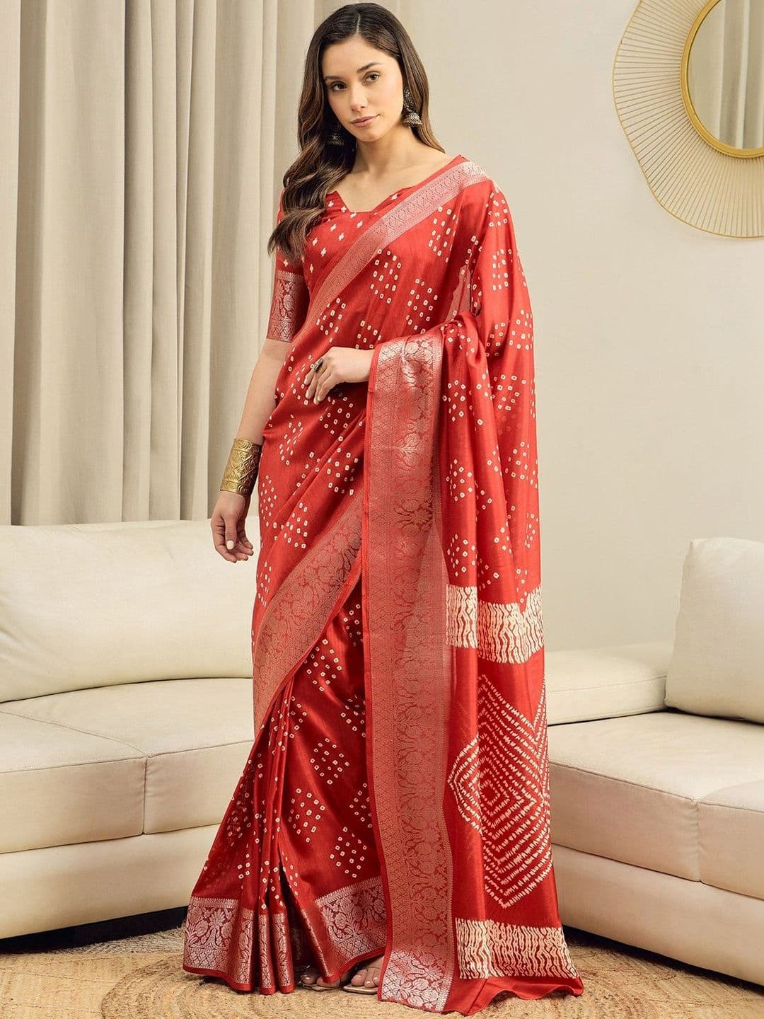 Sangria Bandhani Printed Sungudi Ready to Wear Saree With Unstitched Blouse - view 1