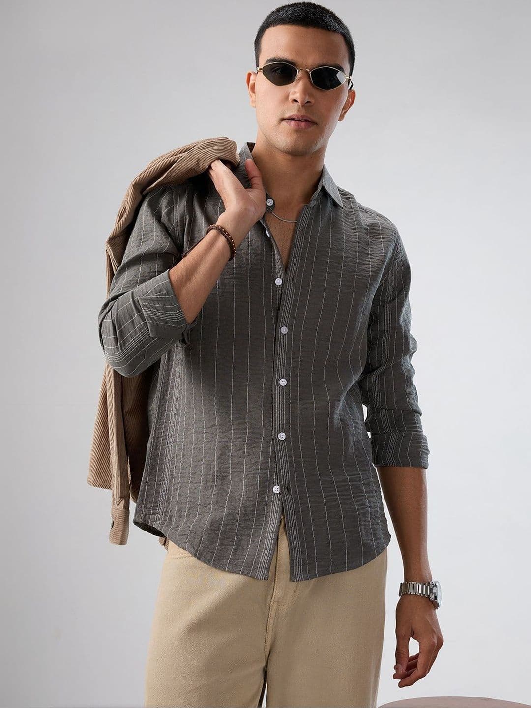 VASTRADO Schmick Pebble Grey Pinstripe Shirt - view 1