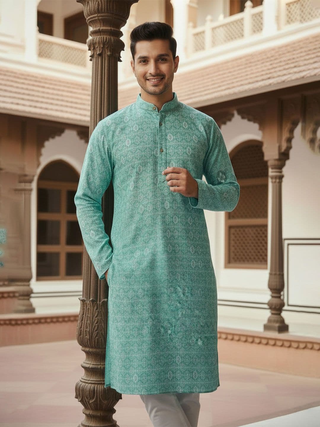House of Pataudi Embroidered Cotton Mandarin Collar Knee Length Straight Kurta - view 1