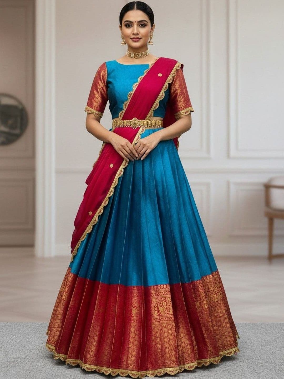 Pink Bindi Embellished Unstitched Lehenga & Blouse With Dupatta - view 1