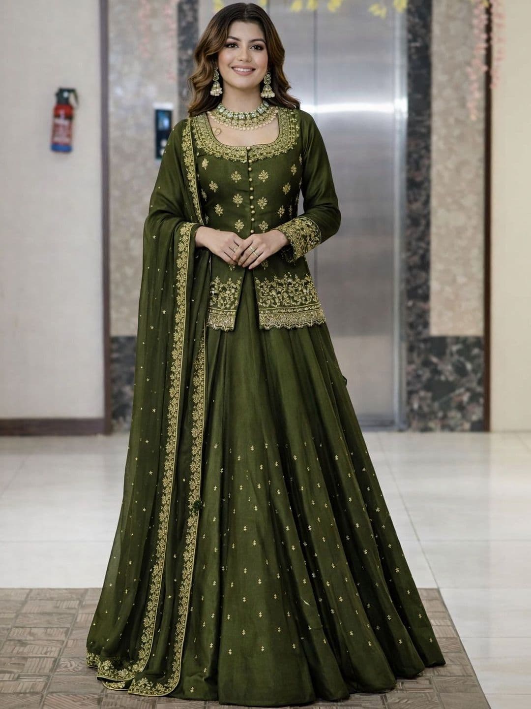 BAESD Women Ethnic Motifs Embroidered Regular Thread Work Chanderi Silk Kurta with Skirt & With Dupatta - view 1