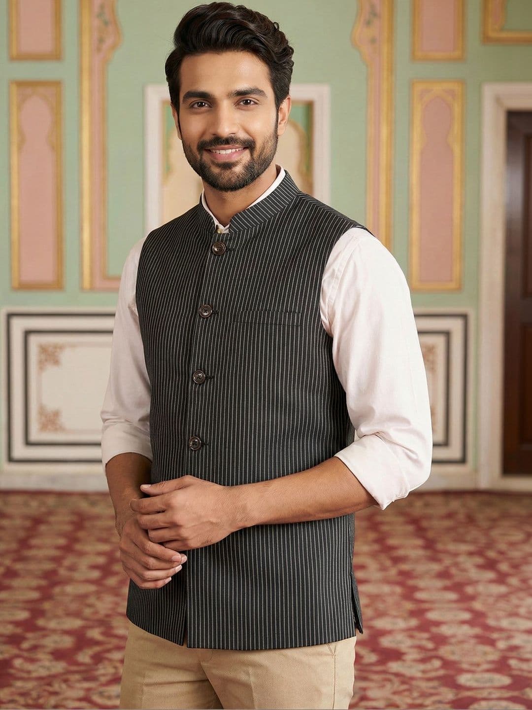 Jompers Pure Cotton Striped Nehru Jackets - view 1