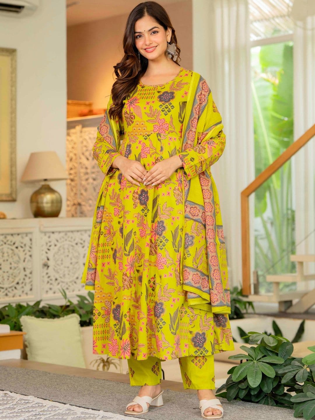 JAIMINI Women Floral Printed Panelled Pure Cotton Kurta with Trousers & With Dupatta - view 1