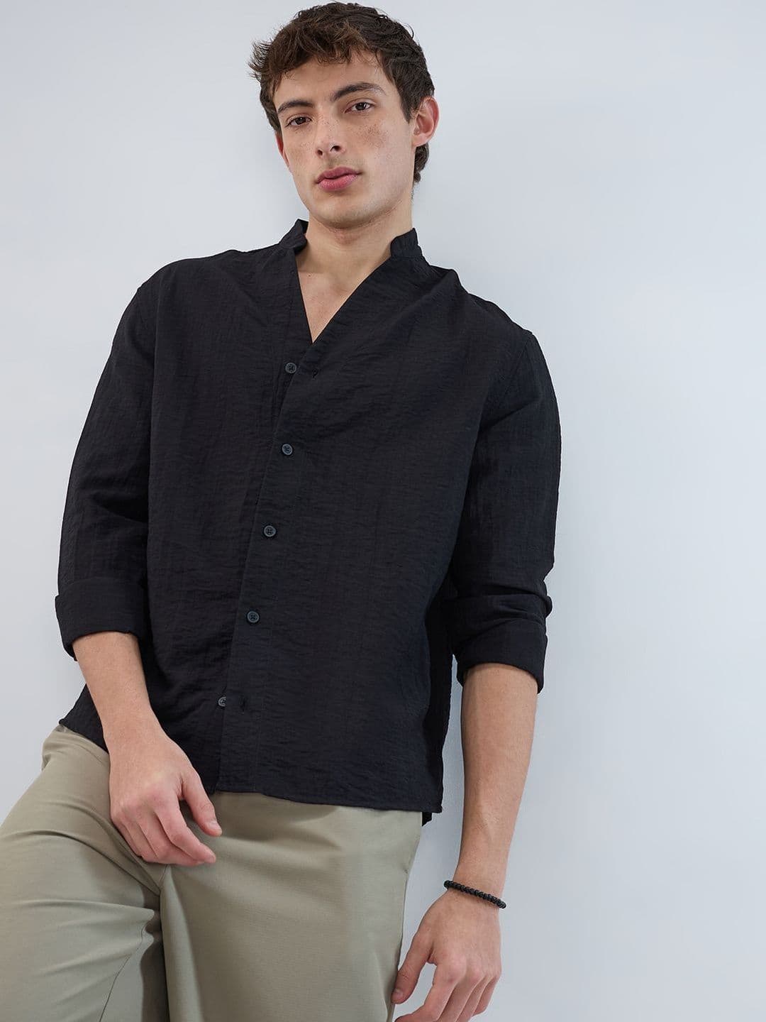 VASTRADO Ink Black Textured Stand Collar Oversized Shirt - view 1