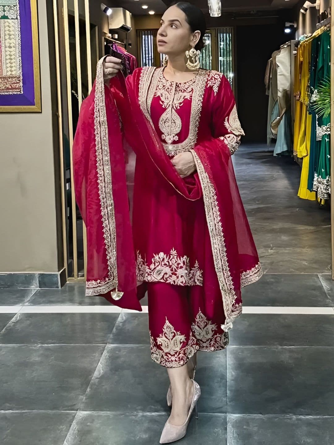 KRYSAL Women Ethnic Motifs Embroidered Regular Sequinned Kurta with Trousers & With Dupatta - view 1