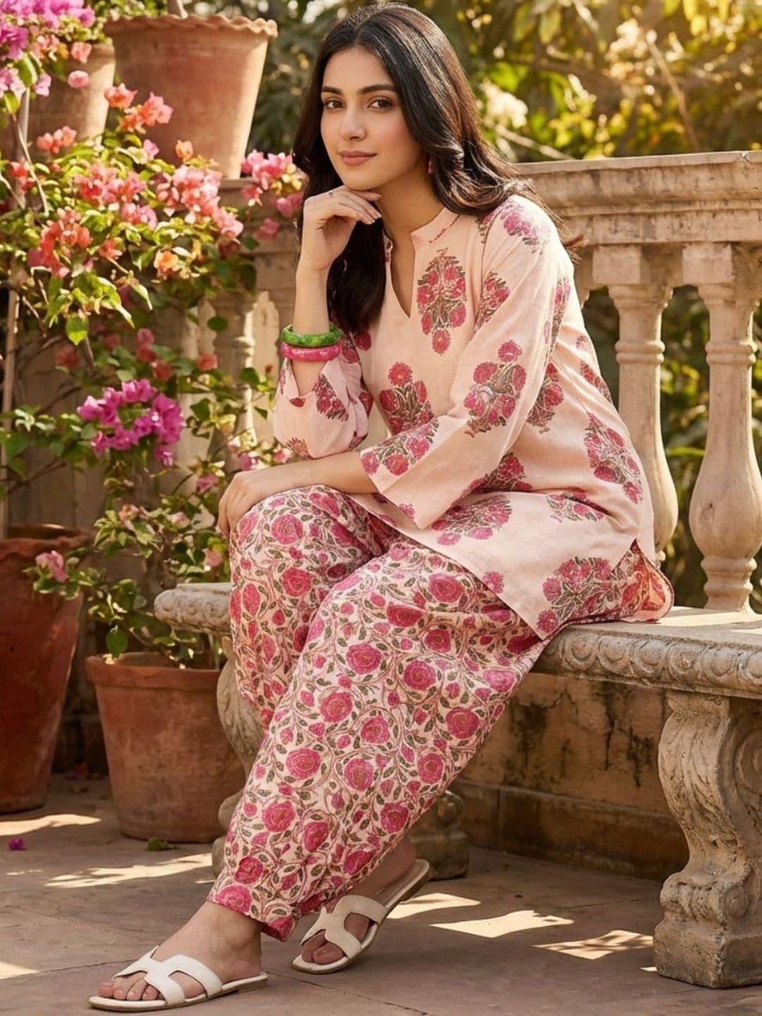 Youthnic Women'Linen Floral Print Summer Wear Straight Short Kurti With farshi Salwar Set - view 1